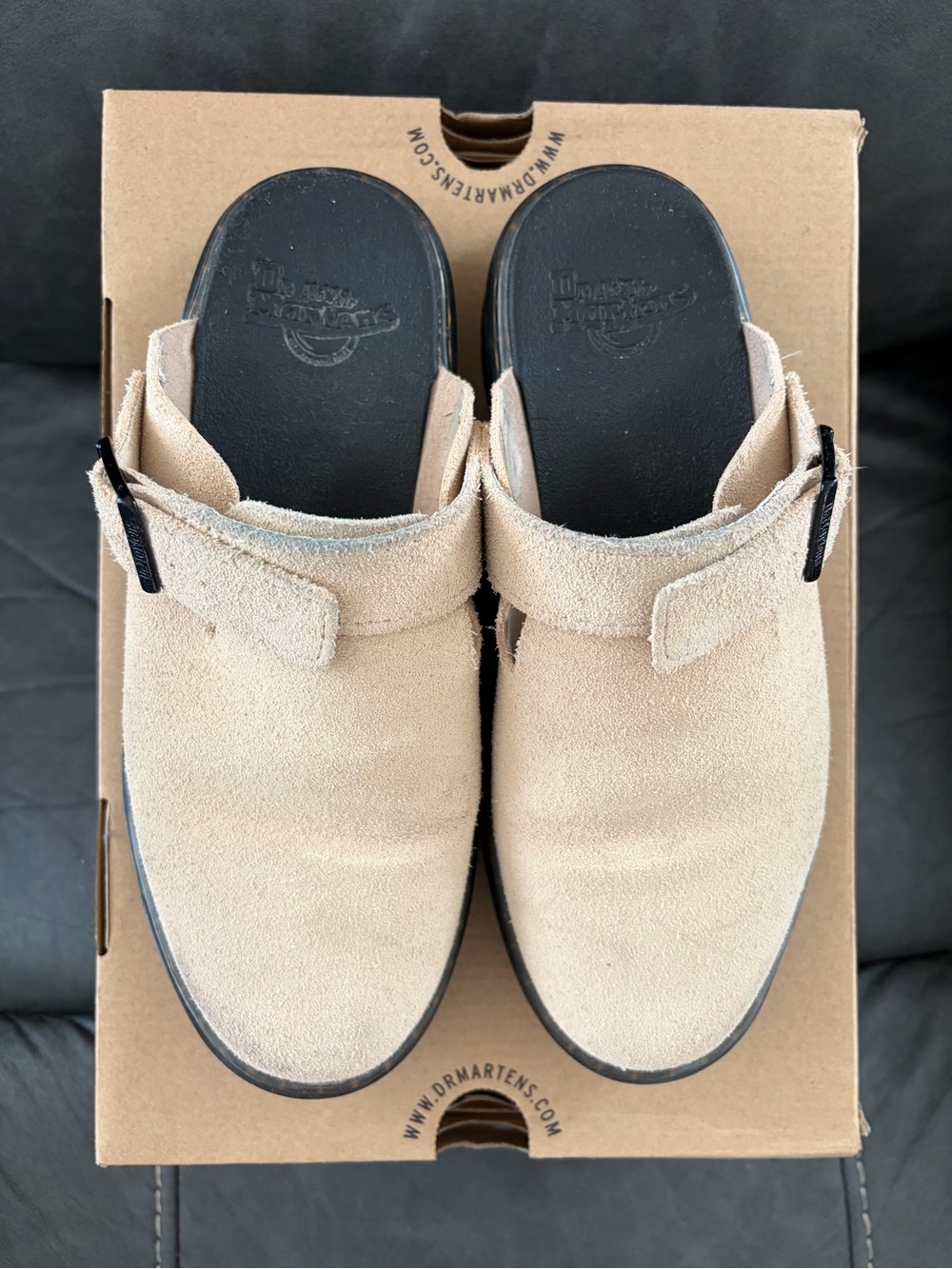 Dr. Martens Beige Suede Slip-On Clogs with Strap